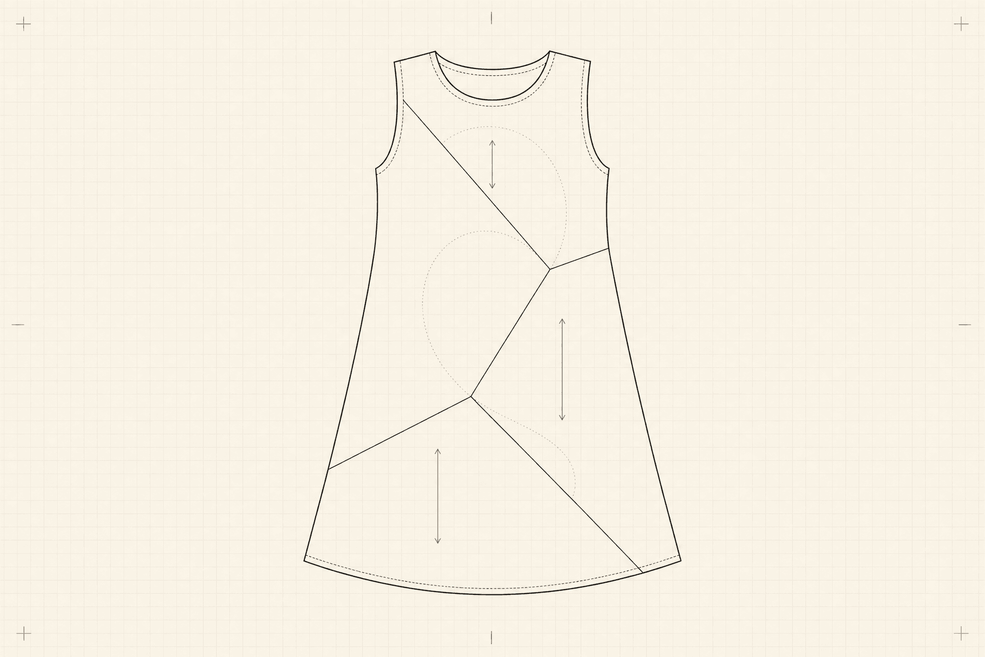The same dress with the spiral seam broken into three straight-grain panels, the original spiral ghosted underneath
