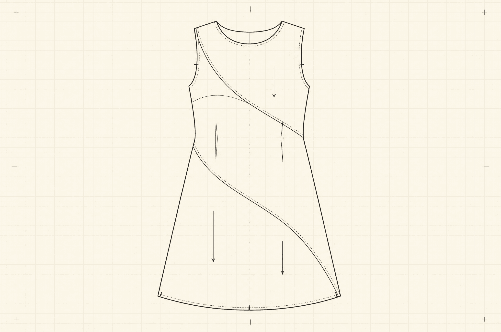 Technical flat of a sleeveless A-line dress with a seam spiralling from the left shoulder to the right hem, waist darts and hem notches