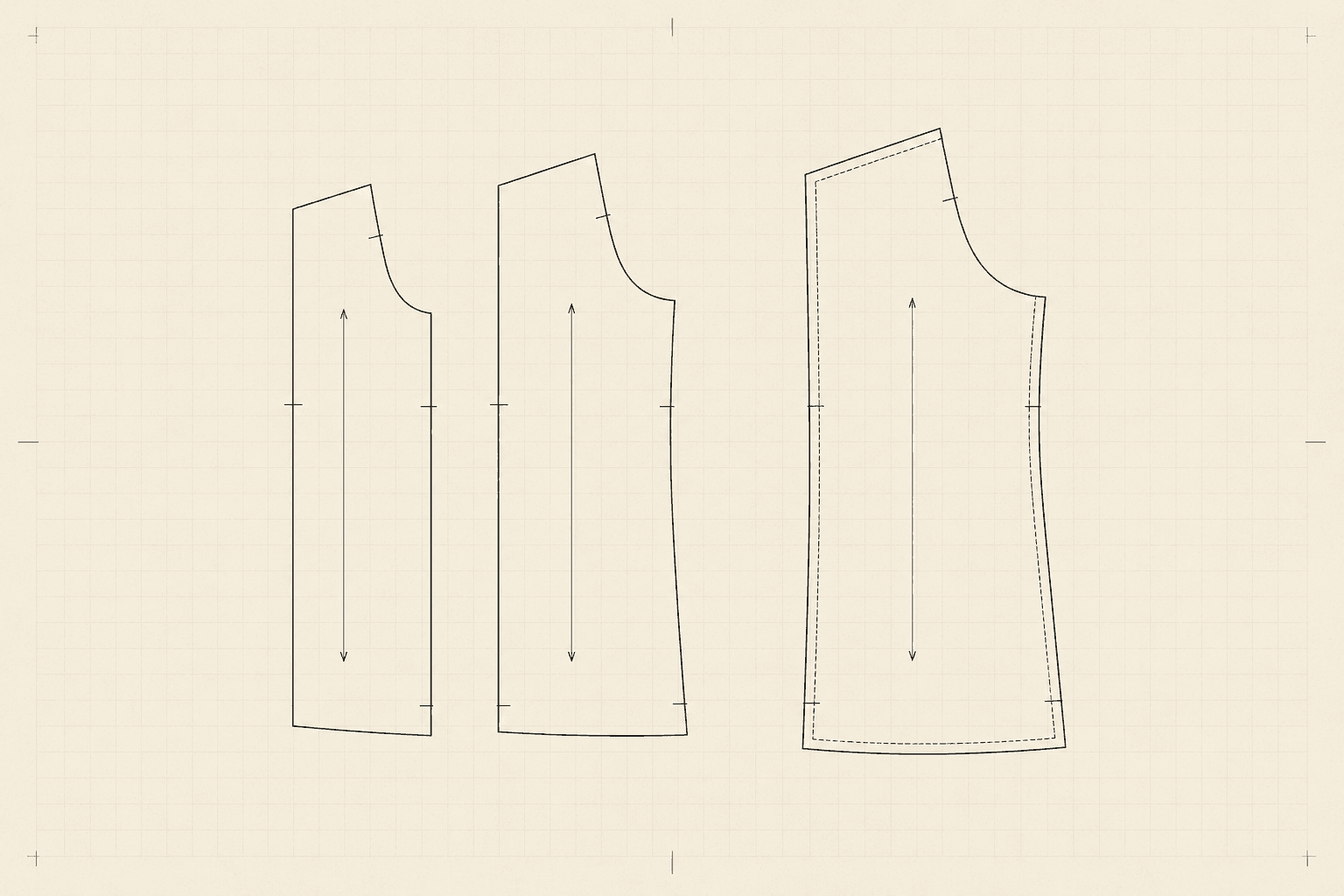 Three garment pattern pieces of increasing width, each with a grain arrow and matching notches