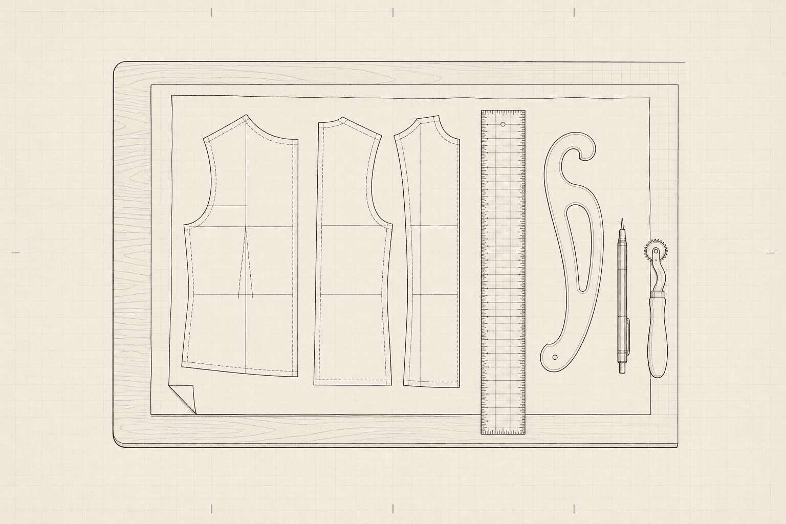 A drafting table from above with pattern paper, a grading ruler, a French curve, a pencil and a tracing wheel