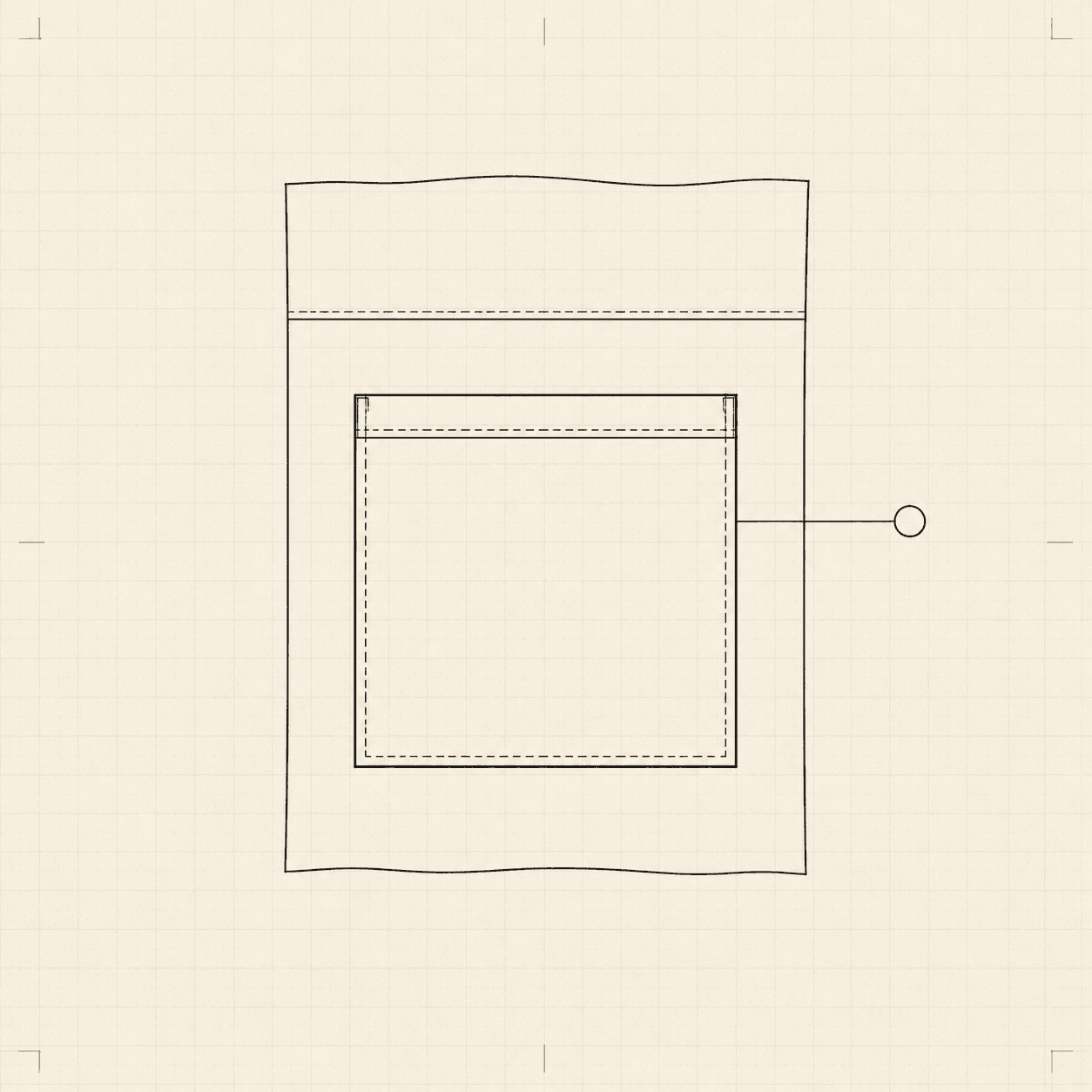 A patch pocket on a garment panel with a circle marker beside it