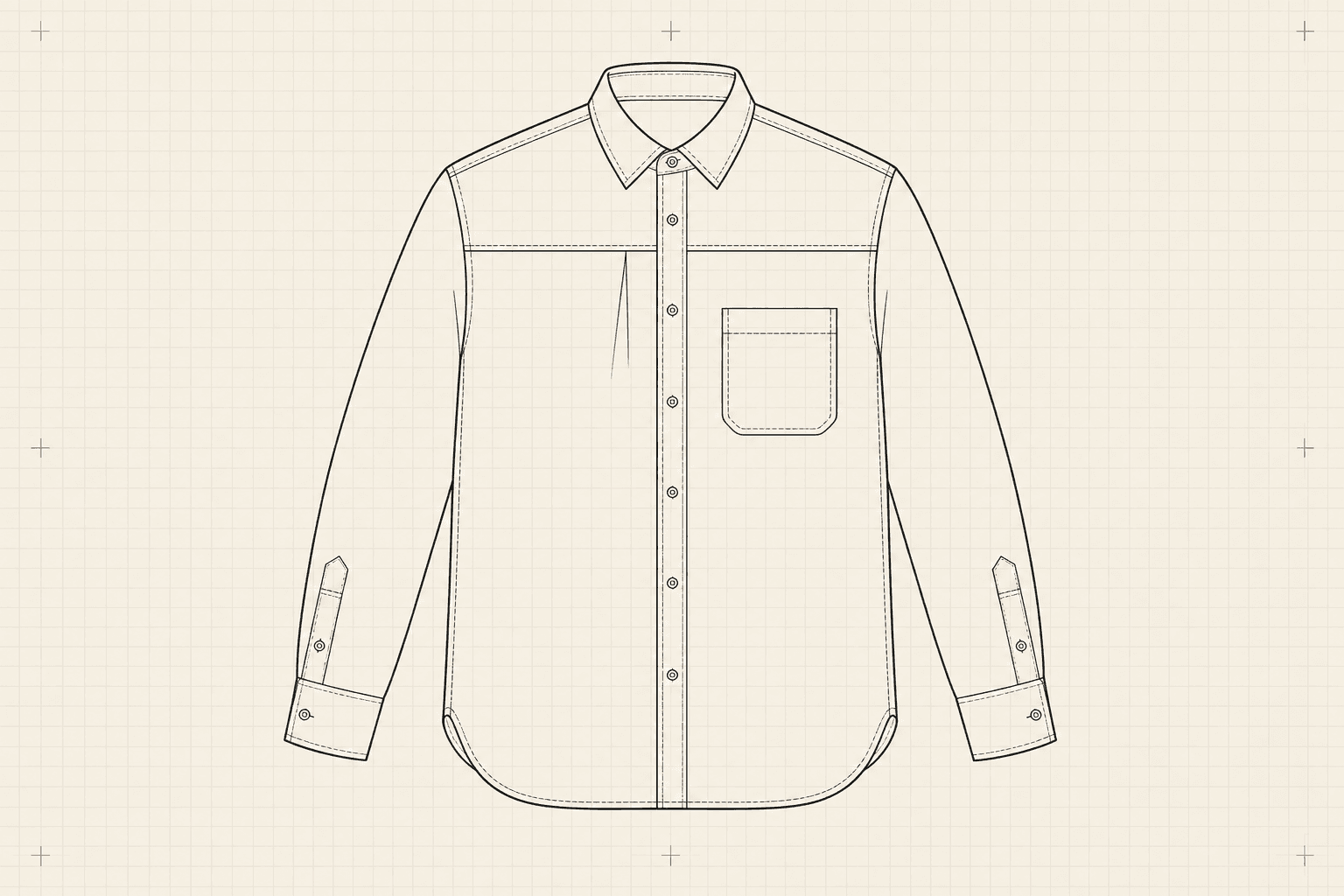 Technical flat of a button-front shirt with yoke, box pleat and two-piece cuffs