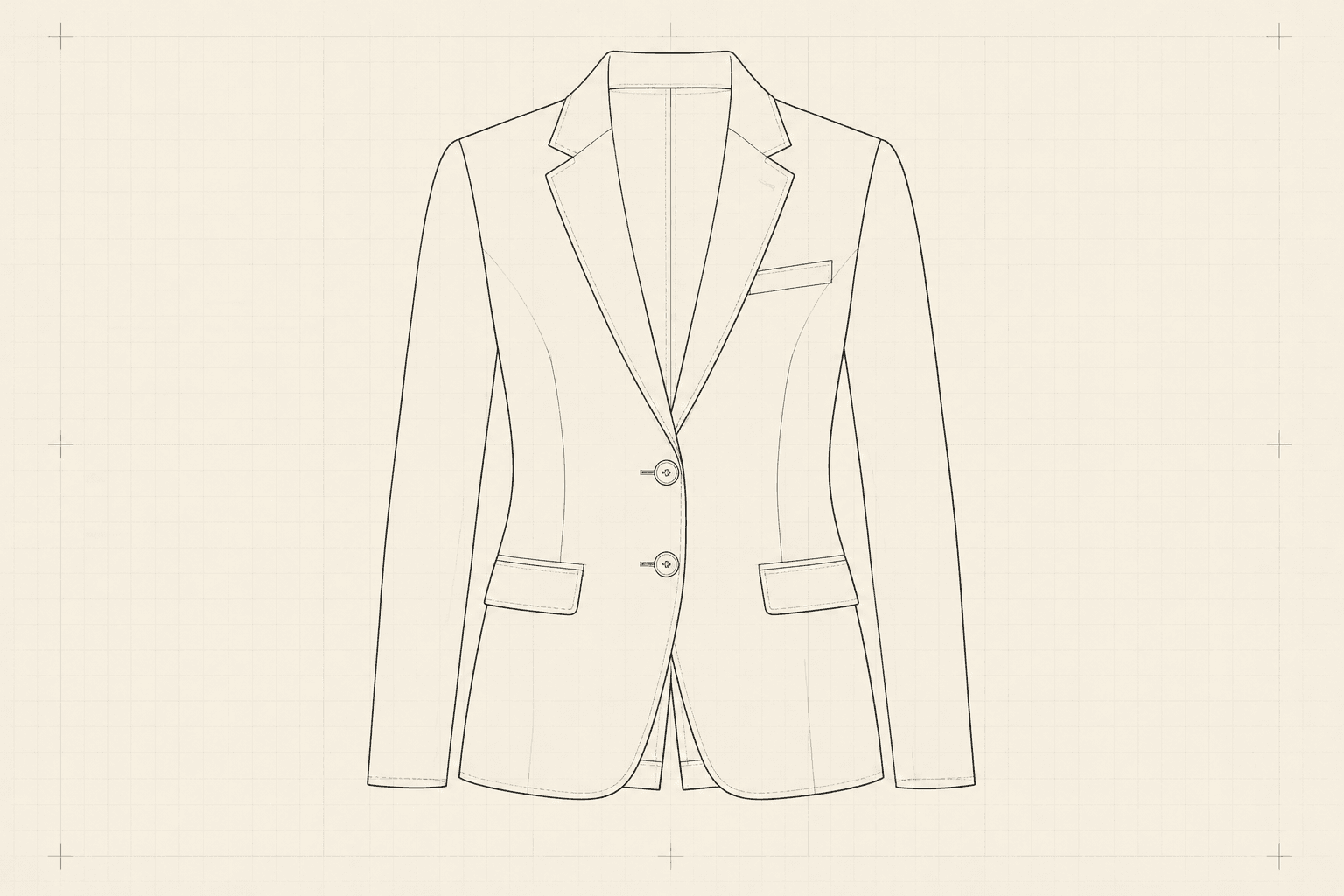 Technical flat of a single-breasted blazer with notch lapel and flap pockets