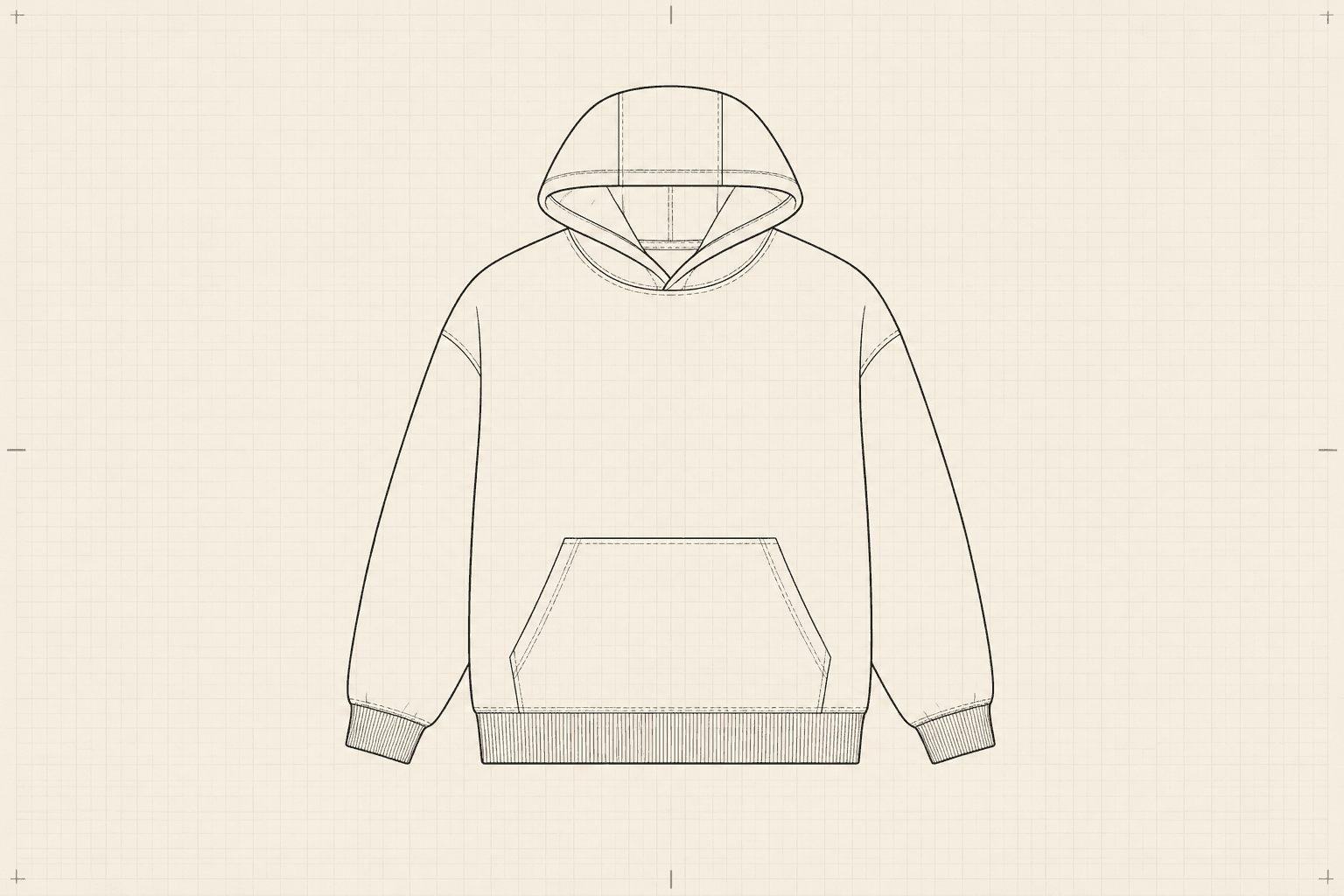 Technical flat of a pullover hoodie with a two-panel hood and kangaroo pocket