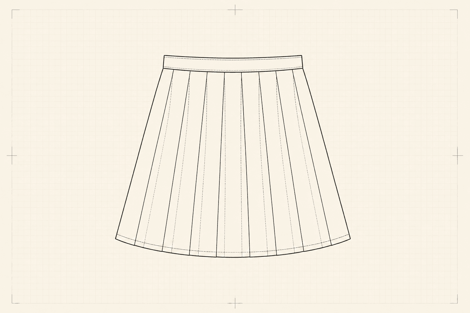Technical flat of a knife-pleated A-line skirt