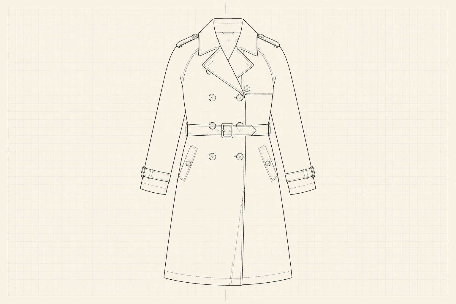 Technical flat of a double-breasted trench coat with storm flap and raglan sleeves