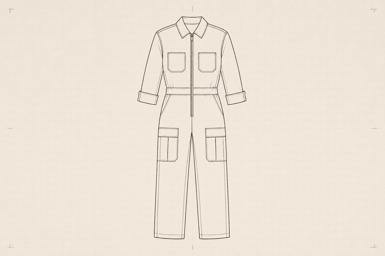 Technical flat of a utility jumpsuit with a full-length front zip and thigh pockets
