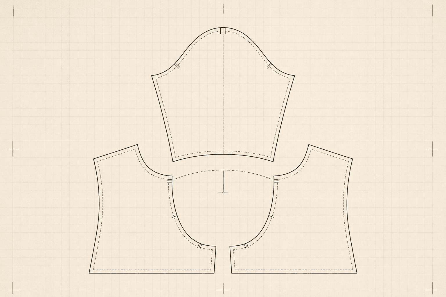 Construction study of a sleeve cap and the armhole it fits into, with notches