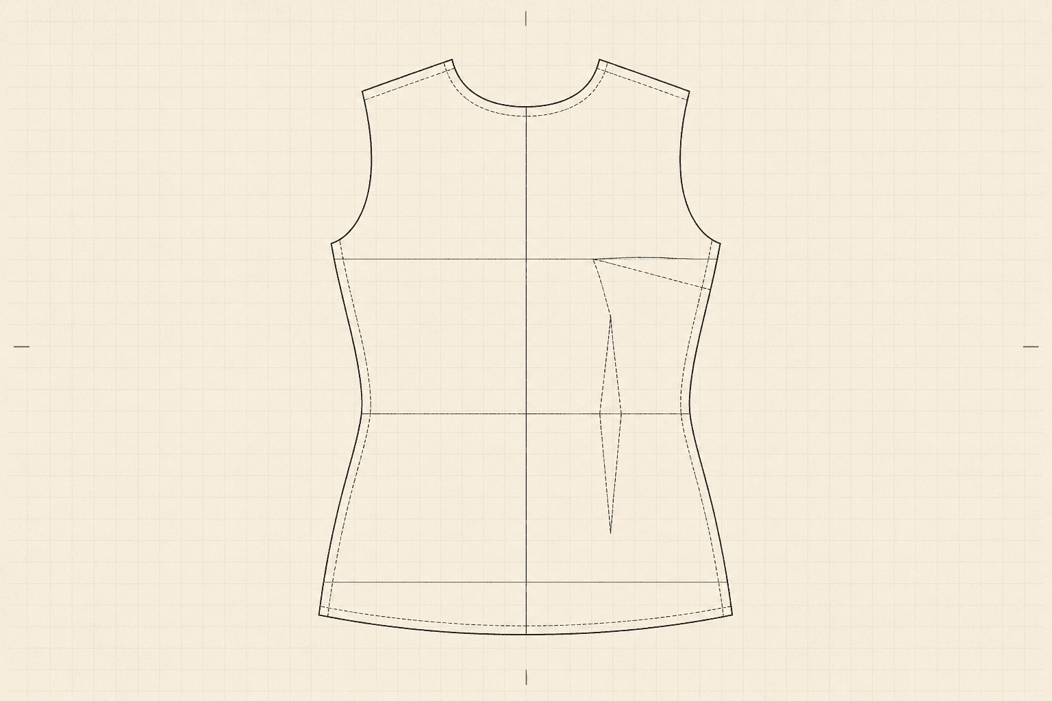 Fitted bodice block showing bust dart, waist dart and construction lines