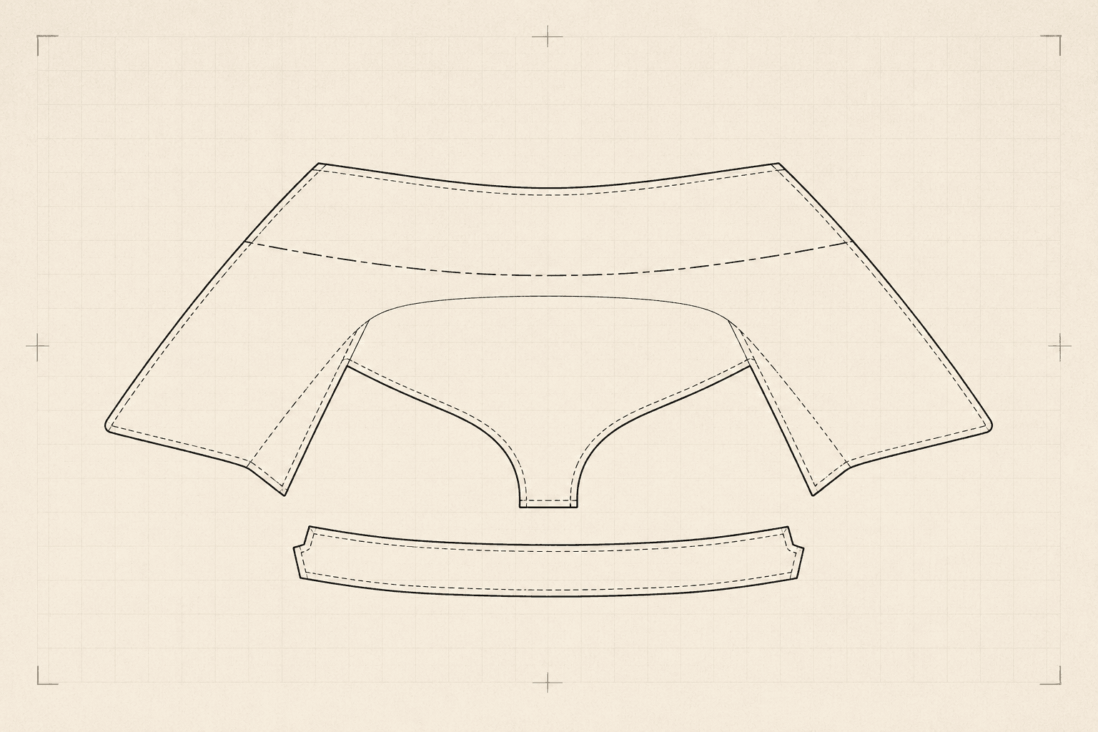 Construction study of a stand-and-fall trench collar drawn opened out flat