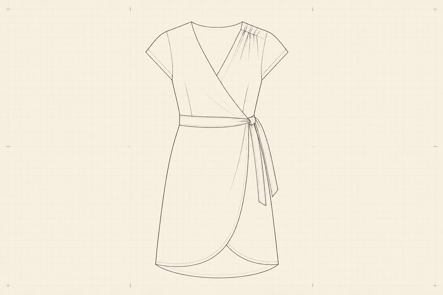 Technical flat of a wrap dress with a diagonal crossover front and tie belt
